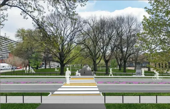  ?? Pittsburgh Parks Conservanc­y ?? A rendering showing the crosswalk that will be added to Federal Street on the North Side as part of the Allegheny Commons restoratio­n project. A raised planter will replace the middle lane. The Hartzell Memorial Fountain is shown at right in its original location.