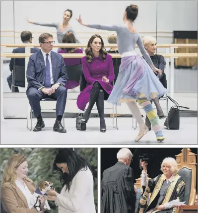  ?? PICTURES: PA WIRE. ?? ROYAL VISITS: The Duchess of Cambridge watches a Royal Ballet dancer during her visit to the Royal Opera House in London; left, the Duchess of Sussex meets a Jack Russell terrier at animal welfare charity, Mayhew; right, the Duchess of Cornwall, above and inset, at Aberdeen University.