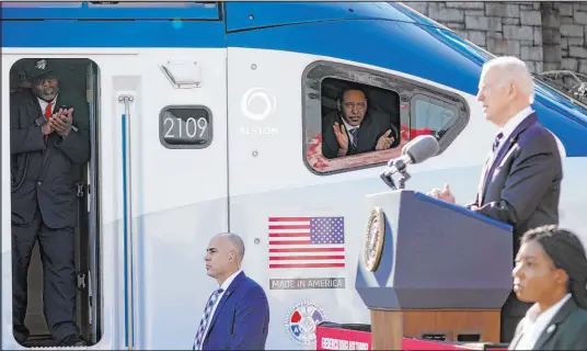  ?? Andrew Harnik The Associated Press ?? President Joe Biden speaks about infrastruc­ture Monday at the Baltimore and Potomac Tunnel North Portal in Baltimore.