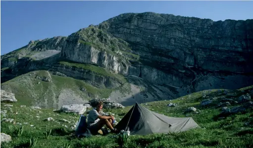  ??  ?? [previous spread] Alpenglow lighting the Apennines minutes before dawn [above] Wild camp in the Abruzzo region beneath Serra Chiarano [right] A moment of stillness and gratitude on Monte Marmagna, Andrew's final Apennine summit