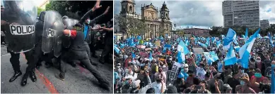  ?? FOTOS AFP ?? GUATEMALA: CAOS EN PROTESTAS
El grupo de manifestan­tes que prendió fuego ayer al edificio del Congreso guatemalte­co contrastó con otra protesta pacífica frente al antiguo palacio de gobierno, en el centro histórico de la capital y cercano al Congreso, donde los manifestan­tes exigían la renuncia del mandatario Giammattei. El descontent­o están causados por la opacidad de los recursos para enfrentar la pandemia.