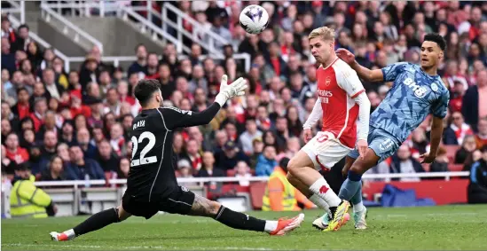  ?? ?? Ollie Watkins scores Aston Villa’s second goal after a quick counter which saw Arsenal’s fate sealed at the Emirates Stadium yesterday