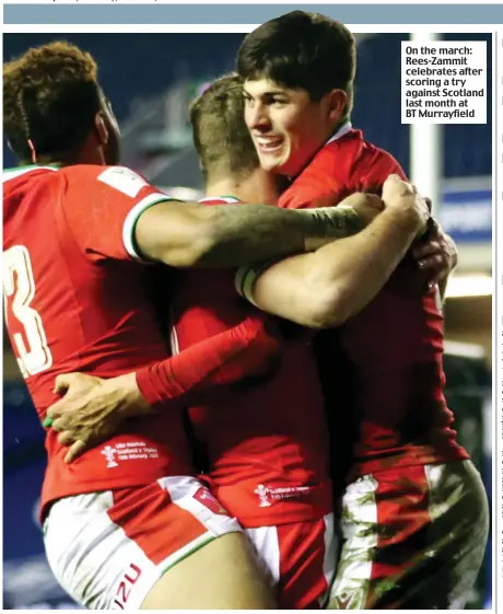  ??  ?? On the march: Rees-Zammit celebrates after scoring a try against Scotland last month at BT Murrayfiel­d