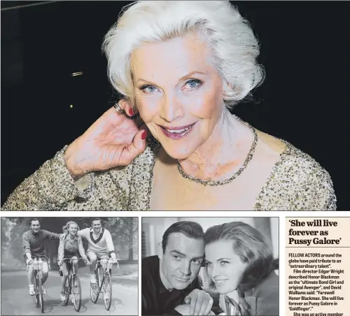  ?? PICTURES: GETTY IMAGES ?? ‘PROLIFIC TALENT’: Top, Honor Blackman in 2008; above, from left,Patrick Holt, Blackman and John McCallum, the stars of the film ‘Wheels Within Wheels’ (later titled ‘A Boy, a Girl and a Bike’); Sean Connery and Blackman promote the Bond film ‘Goldfinger’, 1964.
