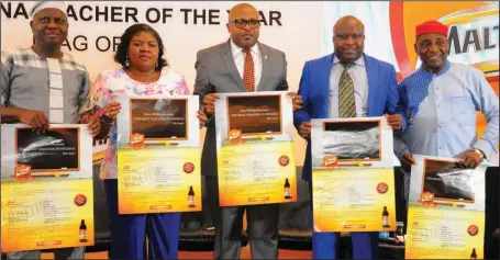  ??  ?? L-R: The Deputy General Secretary, Nigerian Union of Teachers (NUT), Mr. Wole Oyeniyi; Permanent Secretary, Office of the Deputy Governor and representa­tive of the Deputy Governor, Lagos State, Mrs. Yetunde Odejayi; Corporate Affairs Adviser, Nigerian Breweries PLC. Mr. Kufre Ekanem, 2016 winner, Maltina Teacher of the Year, Mr. Imoh Essien; and guest presenter, Professor Aloy Ejiogu of Faculty of Education, University of Lagos during the flag-off of the 2017 Maltina Teacher of the Year in Lagos…recently