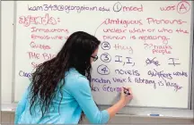  ?? ALEX BRANDON/AP PHOTO ?? Katerina Maylock, with Capital Educators, writes on the board as she teaches a college test preparatio­n class at Holton-Arms School earlier this year in Bethesda, Md.