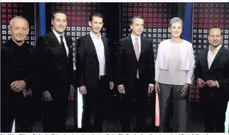  ??  ?? Friedliche­s Bild vor Beginn der Diskussion, dann ging es hart zur Sache: Pilz, Strache, Kurz, Kern, Lunacek und Strolz (v.li.n.re.)