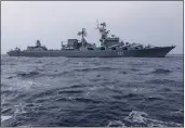  ?? RUSSIAN DEFENSE MINISTRY PRESS SERVICE ?? The Russian missile cruiser Moskva on patrol in the Mediterran­ean Sea near the Syrian coast.