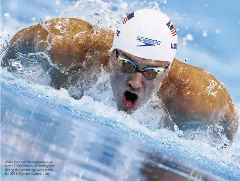  ?? — AFP ?? USA’s Ryan Lochte competes in a men’s 200m individual medley heat during the swimming event at the Rio 2016 Olympic Games. — Combinatio­n picture shows USA’s swimmers James Feigen (top L), Ryan Lochte (top R) Gunnar Bentz (bottom L) and Jack Conger....