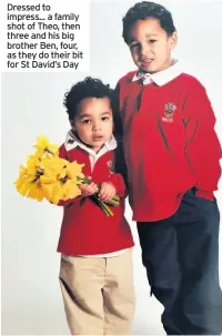  ??  ?? Dressed to impress... a family shot of Theo, then three and his big brother Ben, four, as they do their bit for St David’s Day