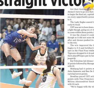  ?? ALVIN S. GO ?? THE ATENEO LADY EAGLES smashed to their fifth straight win in UAAP Season 80 with a five-set win over the UST Golden Tigresses yesterday.