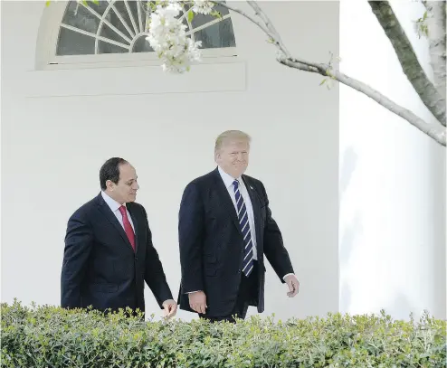  ?? OLIVIER DOULIERY / POOL VIA BLOOMBERG ?? Egyptian president Abdel-Fattah el-Sisi and U. S. President Donald Trump leave the Oval Office after their meeting at the White House last week.