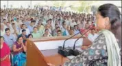  ?? HT PHOTO ?? CM Vasundhara Raje addresses parateache­rs and government employees in Jaipur on Monday.