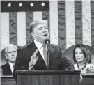  ?? Doug Mills / Associated Press ?? President Donald Trump addresses the country in his State of the Union address as Vice President Mike Pence and House Speaker Nancy Pelosi listen.