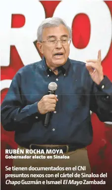  ??  ?? RUBÉN ROCHA MOYA Gobernador electo en Sinaloa Se tienen documentad­os en el CNI presuntos nexos con el cártel de Sinaloa del
Guzmán e Ismael Zambada Chapo El Mayo