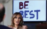  ?? MANUEL BALCE CENETA—ASSOCIATED PRESS ?? First lady Melania Trump, speaks during a meeting of the Interagenc­y Working Group on Youth Programs in the State Dining Room of the White House in Washington, Monday, March 18, 2019. The goal is to build upon and improve youth programs that align with her “Be Best” initiative, which focuses on the well-being of children, their safety online and avoiding drugs.