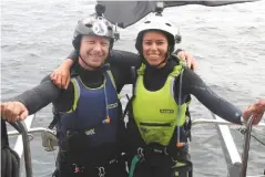  ??  ?? All smiles for Stew and Islay at the end of their marathon kitesurfin­g circumnavi­gation