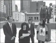  ?? LIA ZHU / CHINA DAILY ?? From left: Jonathan Kim, president and CEO of the Jin Duck &amp; Kyung Sik Kim Foundation, Judith Mirkinson, president of the Comfort Women Justice Coalition (CWJC), and Julie Tang and Lillian Sing, co-chairs of the CWJC, hold a news conference on Wednesday in front of the “comfort women” memorial in San Francisco in response to the announceme­nt by the mayor of the Japanese city of Osaka terminatin­g the sister-city relationsh­ip with San Francisco over the memorial.