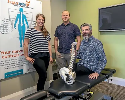  ??  ?? Happy Spine chiropract­ors Kim Sherwen, Rob Hutchings and Jim Miller have been treating a variety of spinal problems after people’s regular activities changed in response to Covid-19.
