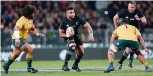  ?? Getty Images ?? Nepo Laulala of the All Blacks runs with the ball during The Rugby Championsh­ip Bledisloe Cup match against the Wallabies at Forsyth Barr Stadium in Dunedin, New Zealand. —