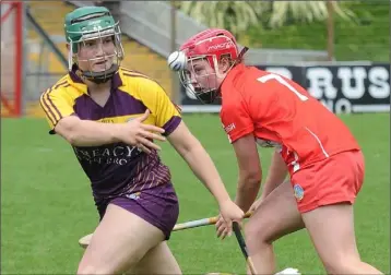  ??  ?? Joanne Dillon about to gather the ball after evading Chloe Sigerson of Cork.