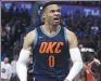  ?? MARK D. SMITH / USA TODAY SPORTS ?? Russell Westbrook reacts to OKC’s victory over the Houston Rockets on Christmas Day.