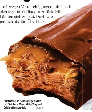  ??  ?? Plastiktei­le im Schokorieg­el: Mars ruft Snickers, Mars, Milky Way und Celebratio­ns zurück