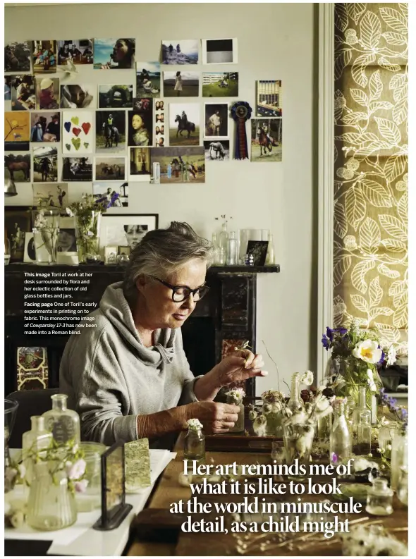  ??  ?? This image Toril at work at her desk surrounded by flora and her eclectic collection of old glass bottles and jars.
Facing page One of Toril’s early experiment­s in printing on to fabric. This monochrome image of Cowparsley 17-3 has now been made into a Roman blind.