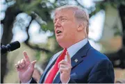  ?? [AP PHOTO] ?? President Donald Trump speaks during a news conference on trade between the United States, Canada and Mexico, and on the nomination of Brett Kavanaugh to the Supreme Court, Monday in the Rose Garden of the White House in Washington.