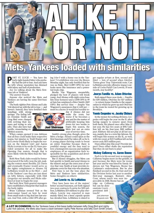  ??  ?? A LOT IN COMMON: As the Yankees have a first-base battle between lefty Greg Bird and righty Luke Voit (above), the Mets also have a clash between righty Pete Alonso and lefty Dom Smith (inset).