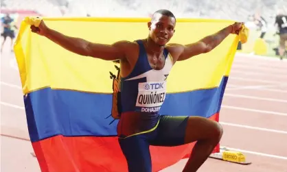  ?? Alexander Hassenstei­n/Getty Images for IAAF ?? Alex Quiñónez celebrates his bronze medal at Doha 2019 – his country’s first ever track medal in a global championsh­ips. Photograph: