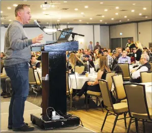  ?? Herald photo by Tim Kalinowski ?? Alberta Environmen­t and Parks water management specialist Dennis Matis speaks about the state of the mountain snowpacks at the 2020 Irrigated Crop Production Update conference in Lethbridge on Wednesday.