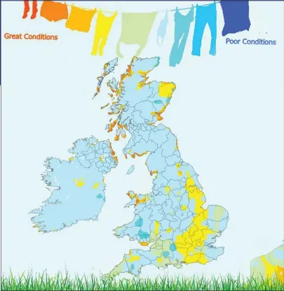  ?? ?? DAMP PROOF: The laundry map, with blue warning of downpours and brighter colours for good drying conditions