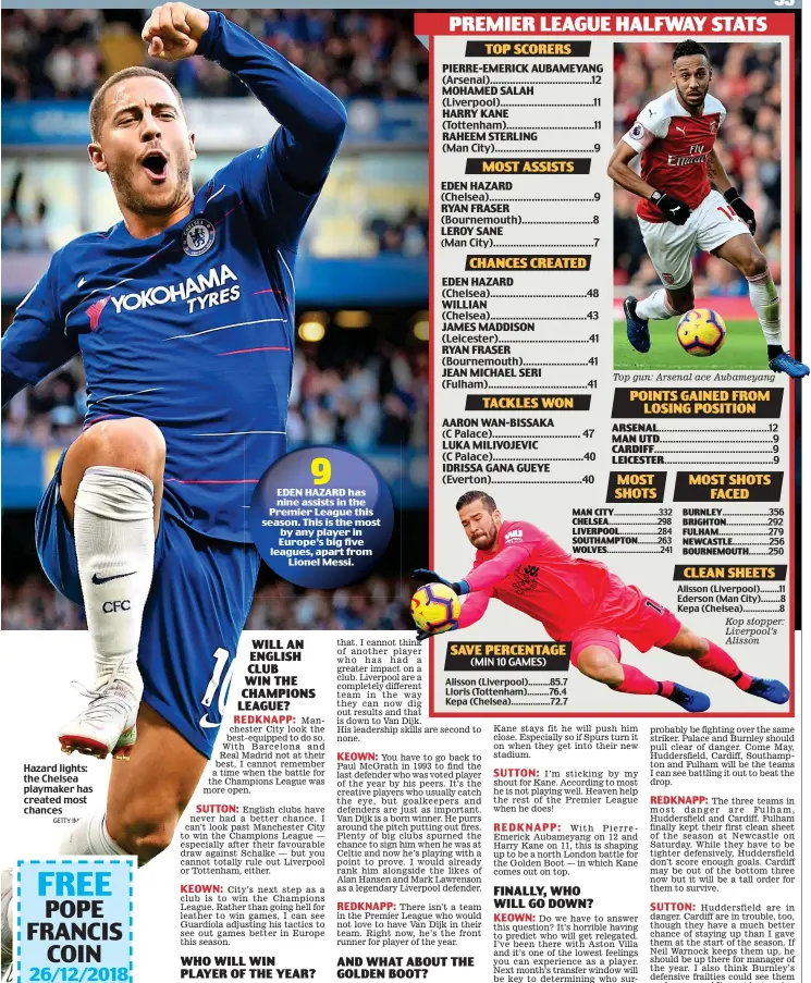  ?? GETTY IMAGES ?? Hazard lights: the Chelsea playmaker has created most chances