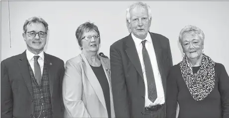  ?? SUBMITTED ?? Sen. Mike MacDonald (Cape Breton), left, was at the Plymouth Fire Hall on Jan. 12, bestowing Senate 150 Anniversar­y medals to (second from left) Joanne Cumminger, Allan Murray and Anne Emmett.