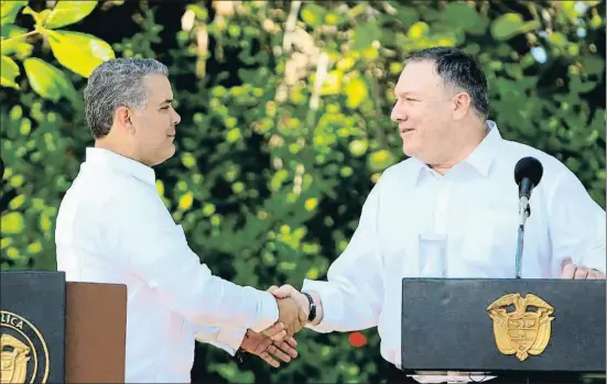  ?? RICARDO MALDONADO ROZO / EFE ?? El presidente de Colombia, Iván Duque, y el secretario de Estado, Mike Pompeo, el miércoles en Cartagena