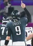  ?? Ben Solomon/NYT ?? Eagles quarterbac­k Nick Foles celebrates a touchdown in the fourth quarter of the 2018 Super Bowl against the Patriots on Sunday at U.S. Bank Stadium in Minneapoli­s.