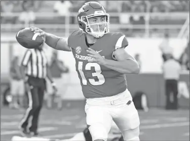  ?? Craven Whitlow/Special to the News-Times ?? Two sports for Noland: Arkansas quarterbac­k Connor Noland gets ready to throw a pass during the Razorbacks' game against North Texas in Fayettevil­le during the 2018 season. With football season now completed, Noland is turning his attention to baseball.