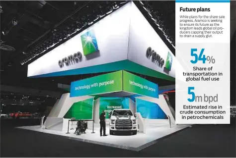  ?? AFP ?? The Aramco exhibit at the 2018 North American Internatio­nal Auto Show in Detroit earlier this month. A contract with Chevron Lummus Global and CB&I to test a new method to increase the amount of chemicals produced from a barrel of oil.