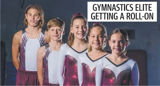  ??  ?? Gold Coast gymnasts (from left) Josh De Beer, 14, Noah Kerry, 11, Asha Greenlees, 11, Kiara Lowman, 10, and Olivia Powell, 11, will compete in the 2021 Australian Gymnastics Championsh­ips at the Gold Coast Sports and Leisure Centre this week. Picture: Jerad Williams