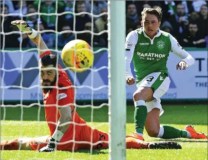  ??  ?? REAL SHOWMAN: Allan fires Hibs in front as part of an impeccable all-round performanc­e by the Easter Road playmaker