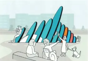  ??  ?? In this artist’s concept, people check out a sculpture near the new Johnson Street Bridge. The design envisions orcas as stylized, angled surfboards.