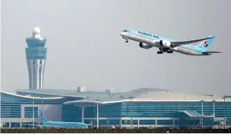  ?? Yonhap ?? A Korean Air plane departs from Incheon Internatio­nal Airport's second passenger terminal, Jan. 18. The nation’s six low-cost carriers’ combined operating income exceed Korean Air.