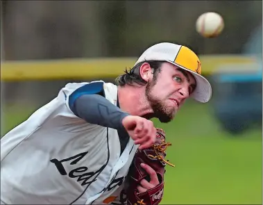  ?? TIM MARTIN/THE DAY ?? Ledyard’s Trevor Bolduc pitched a five-hitter with seven strikeouts and also had two hits and an RBI for Ledyard in a 2-1 loss Monday to Bacon Academy in the ECC Large Division.