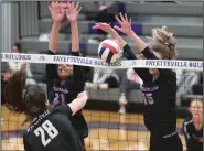  ?? (NWA Democrat-Gazette/J.T. Wampler) ?? Fort Smith Southside’s Aleigha Johnson (left) and Avery Fitzgerald defend against Bentonvill­e’s Allison Oliphant during a Class 6A state volleyball tournament semifinal Thursday at Fayettevil­le High School. Southside won 3-0 to move on to Saturday’s championsh­ip against Fayettevil­le.