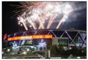  ?? AP file photo ?? Fireworks light up the night over Oracle Arena on June 8 in Oakland, Calif., after the Golden State Warriors finished off their sweep of the Cleveland Cavaliers in the NBA Finals. This will be the last season the Warriors play in Oakland before moving to San Francisco.