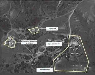  ?? (IDF) ?? A SATELLITE SHOT of various activities to facilitate the manufactur­e and conversion of precisiong­uided missiles, north of the village of al-Nabi Sheeth.