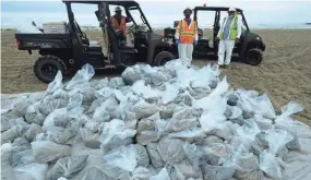  ?? RINGO H.W. CHIU/AP ?? Bags of crude oil collected by workers are stacked at Newport Beach, Calif., after an oil spill, the origins of which are still under investigat­ion.