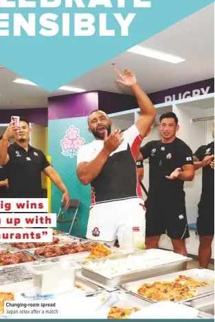  ??  ?? Changing-room spread Japan relax after a match