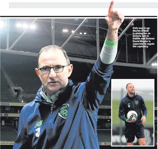  ??  ?? Only way is up: Martin O’Neill is aiming for an historic win in Dublin and (below) David Meyler is expected to regain the captaincy